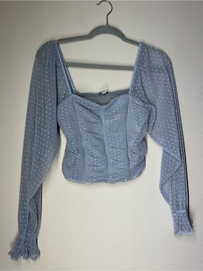 Blue Sheer Dot Long-Sleeve Ruched Crop Top